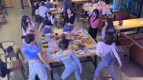 A group of young girls danced wonderfully around the table before dinner
