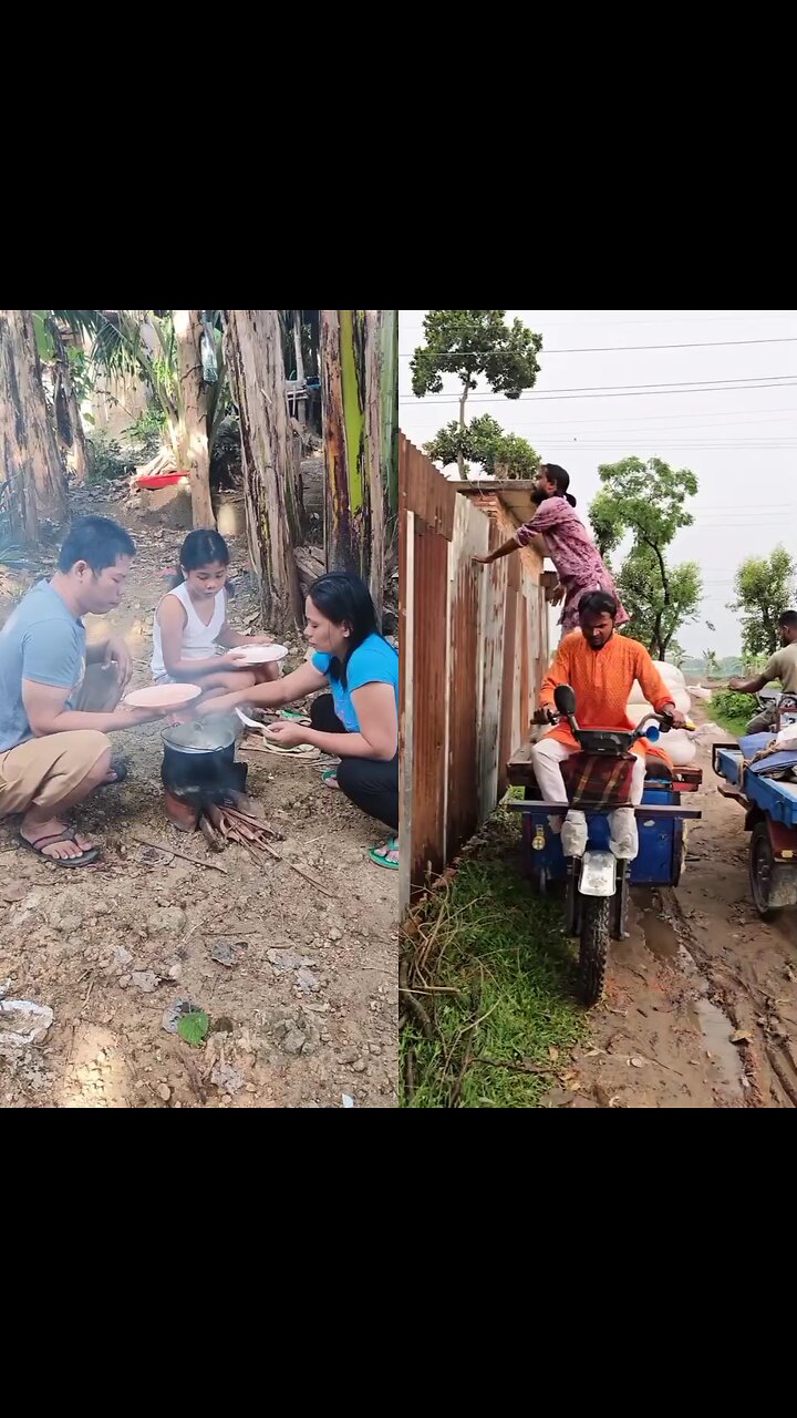 Hot food is placed on someones hand. Meanwhile, something is being thrown at another persons body