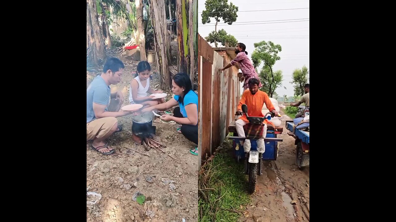 Hot food is placed on someone's hand. Meanwhile, something is being thrown at another person's body