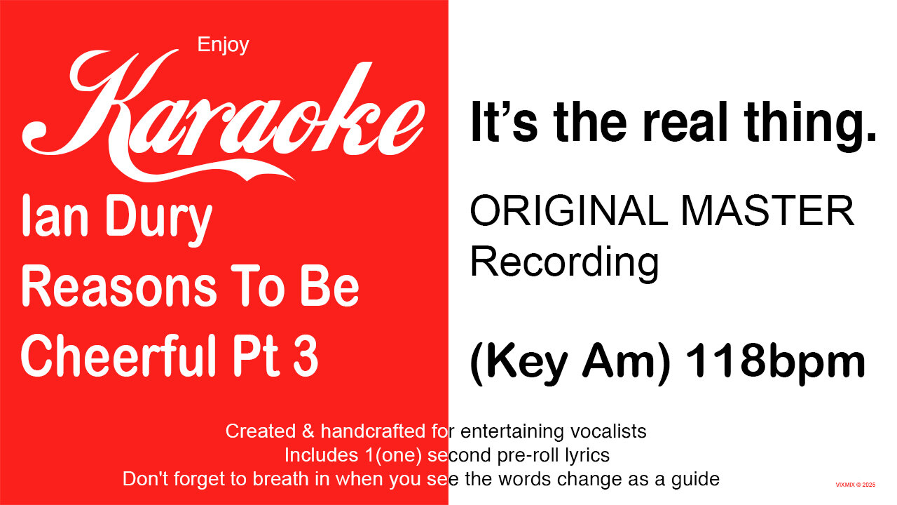Ian Dury - Reasons To Be Cheerful Pt 3 (Key Am) 118bpm (2025) Karaoke