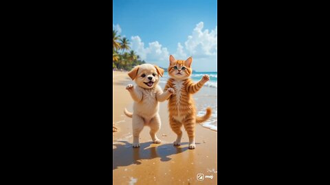 Cute puppy and cute cat dance