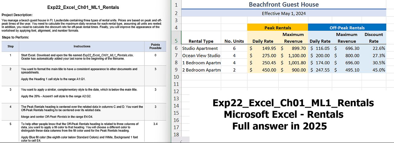 Exp22_Excel_Ch01_ML1_Rentals | Excel Chapter 1 Mid-Level 1 - Guest House Rental (Full answer 2025)