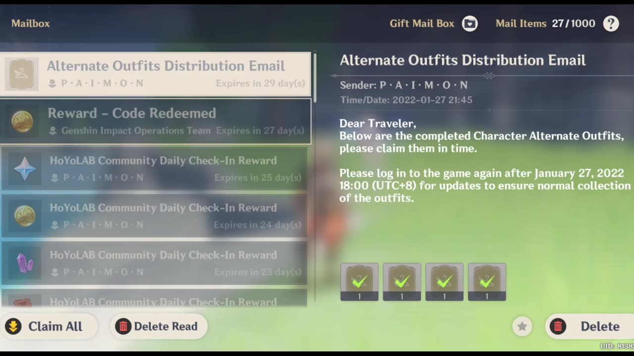 Alternate outfits distribution email - Genshin impact - Version 2.5