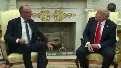German Chancellor Friedrich Merz presents Donald J. Trump with the framed birth certificate of President Trump's grandfather Frederick, born in 1869