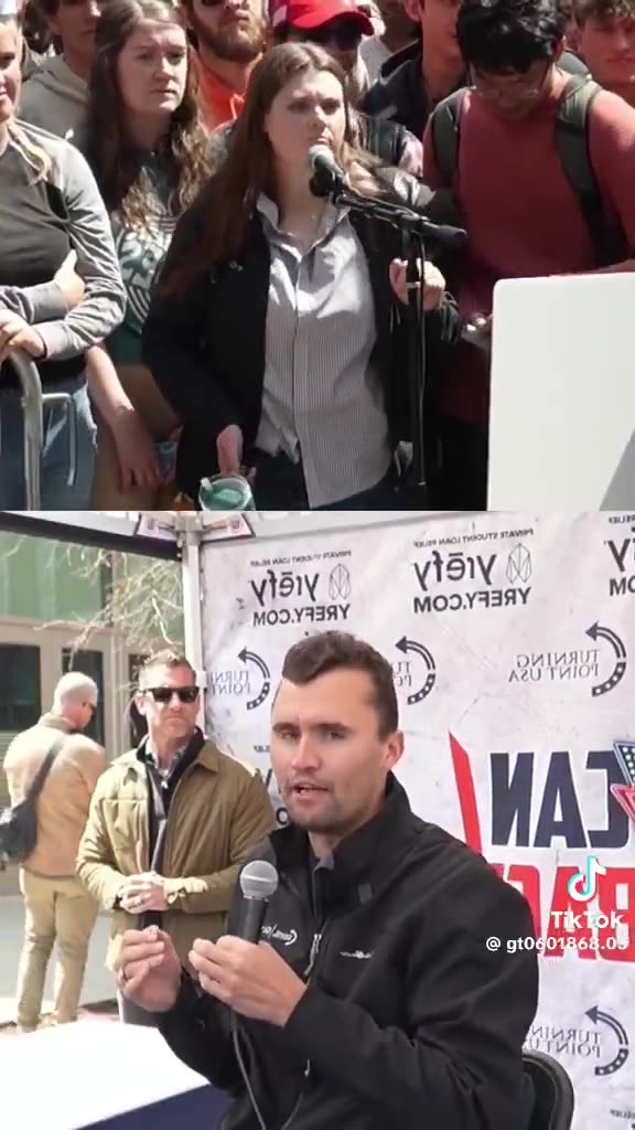 A woman came up to ask Charlie Kirk a question and told him her blood...