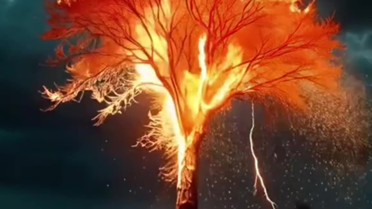 Terrible lightning destroyed tall trees in an instant.