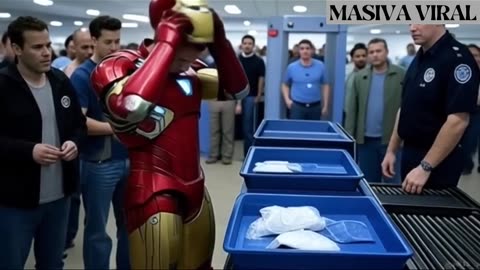Animated Ironman going through a metal detector at the airport to board the plane. #ironman #satire
