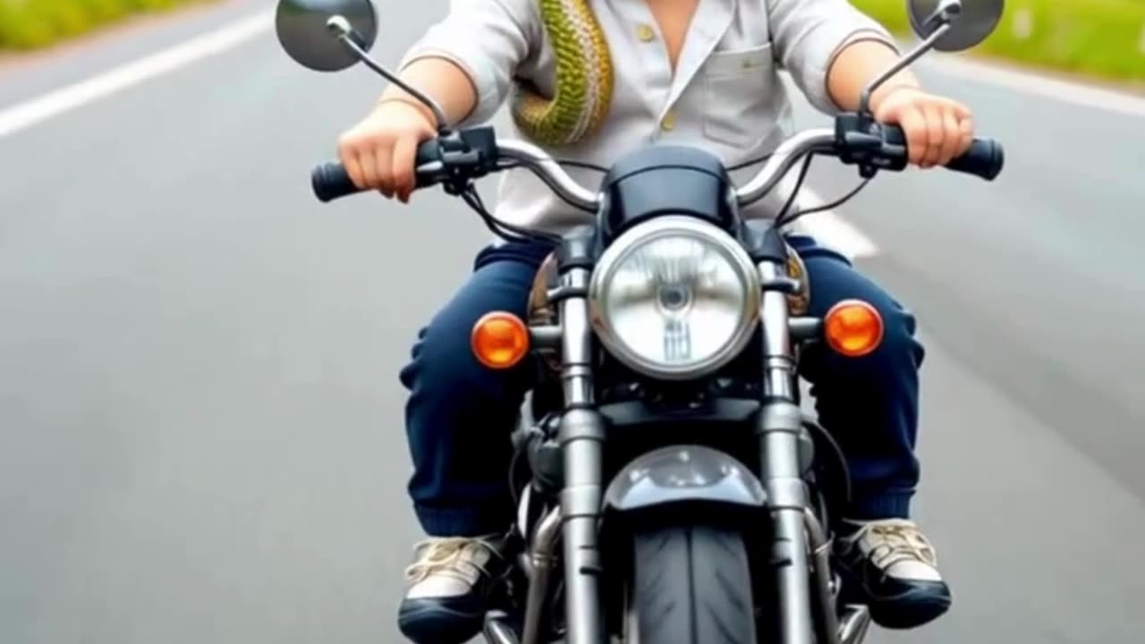 cute baby riding motorcycle riding on the highway