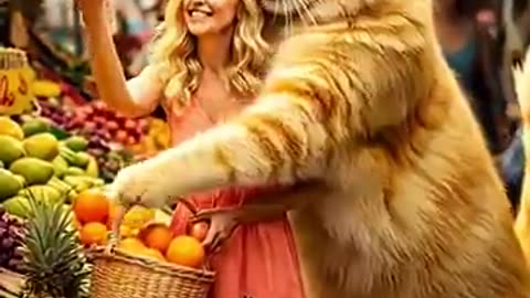 cute cat, dog buying vegetables in the market with pretty lady🐈🐕