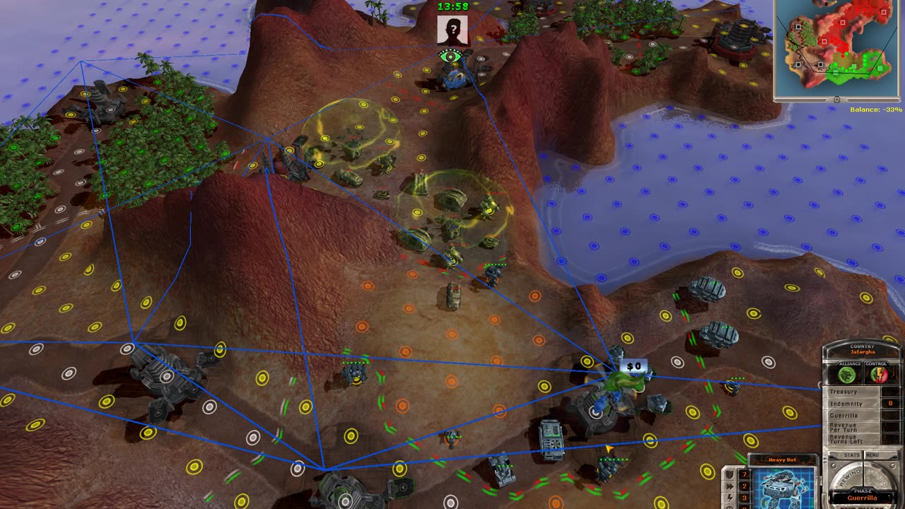 Massive Assault Network 2 (TBS game): map San Femando, playing on Linux (Lutris, Wine): defeat