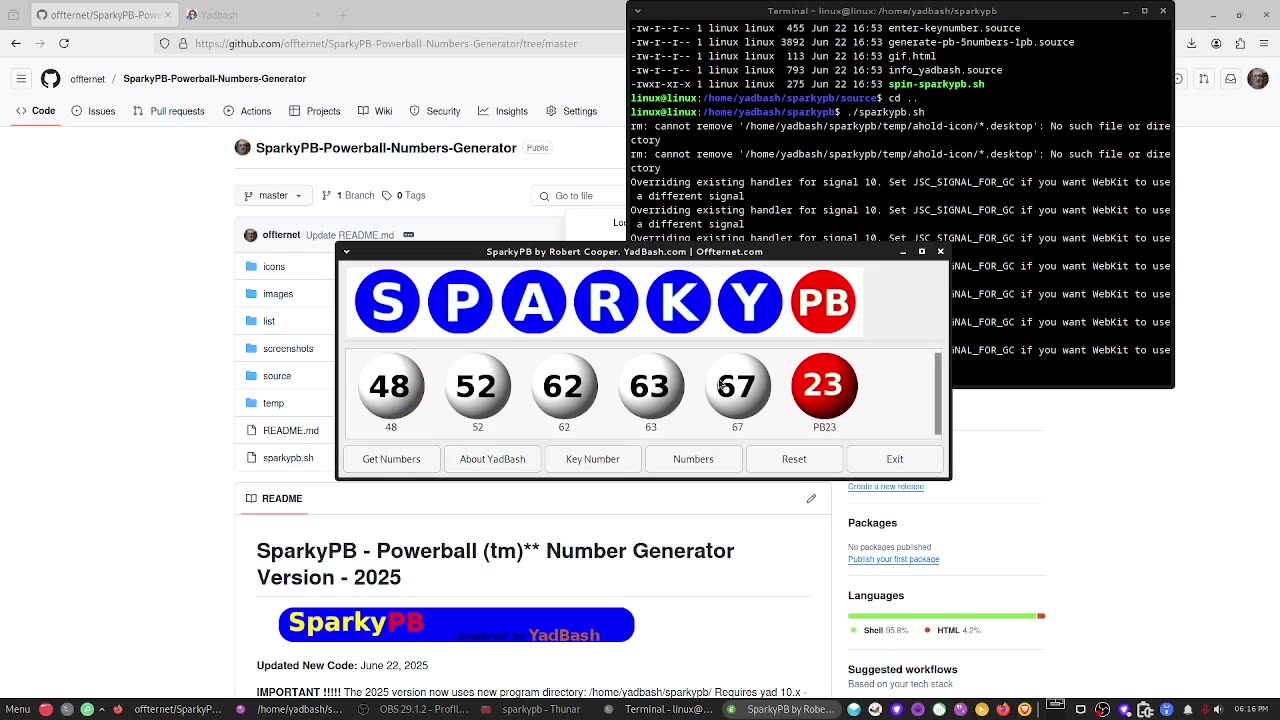 Powerball (tm) Number Generator using Yadgui and Bash Scripting 2025