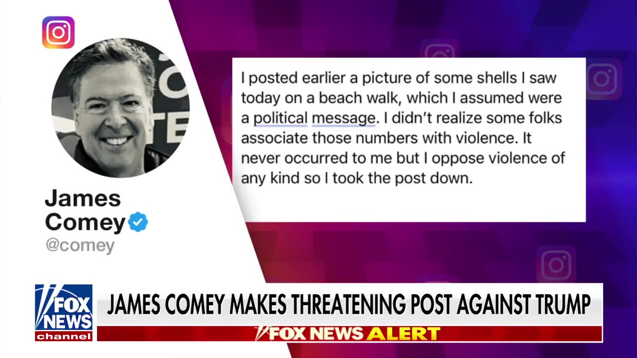 Disgraced FBI director James Comey making a threatening post against Donald Trump