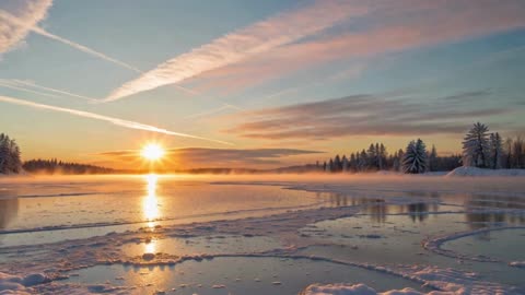 Golden Sunrise Over a Frozen Lake | Peaceful Winter Morning Scenery