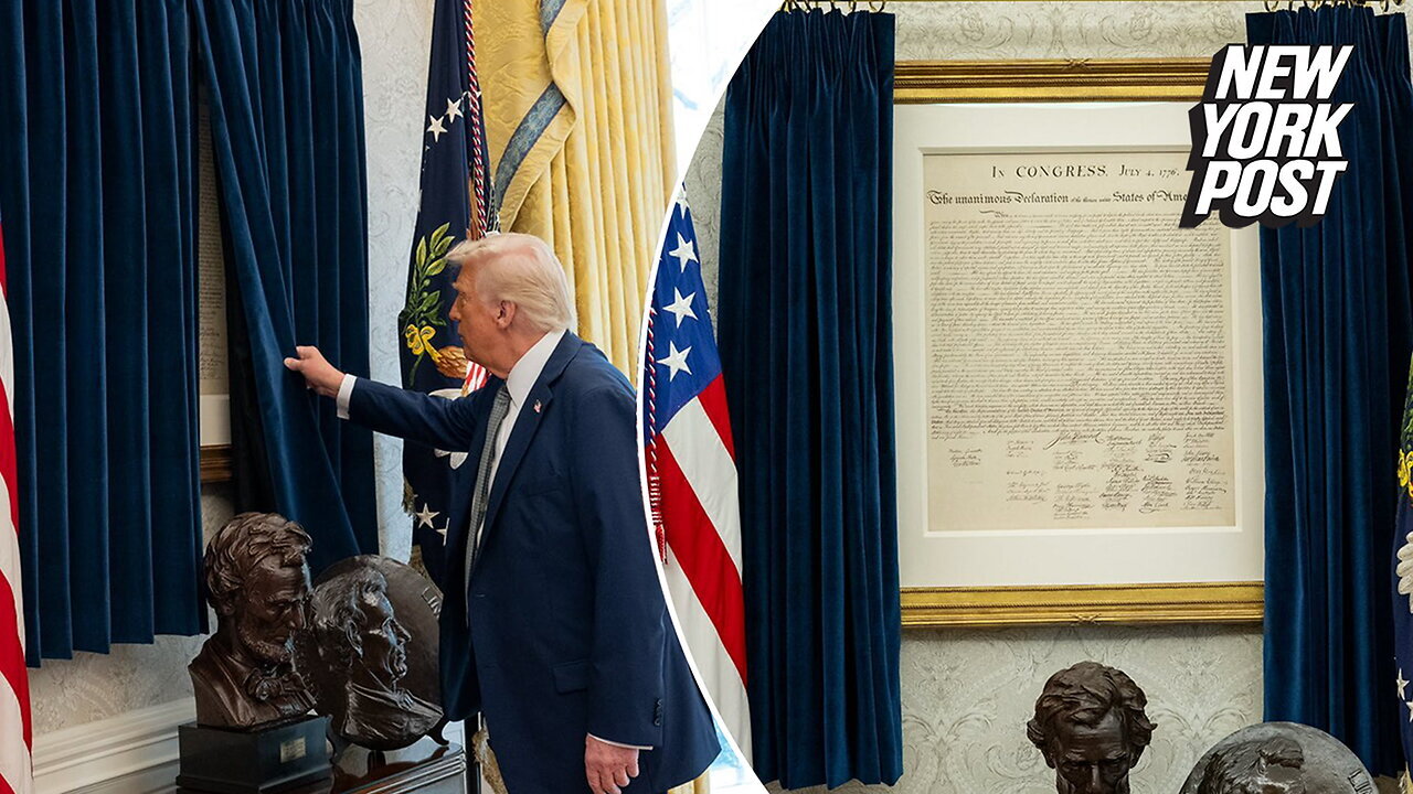 Trump shows off display of Declaration of Independence hanging in Oval Office