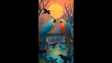 enjoy two parrots sitting on the tree with sunrise and rain