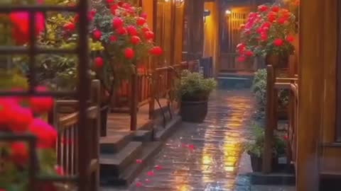 Rainy Alley with Wet Stone Path.