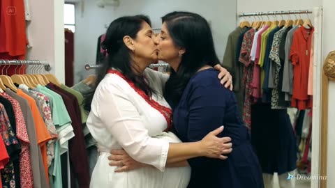 Lesbian kiss between two mature women in a clothing store Part 2