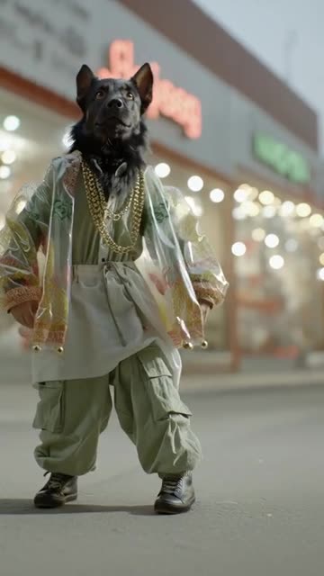 black Doberman dancing hip hop in Korean streetwear dog-tailored