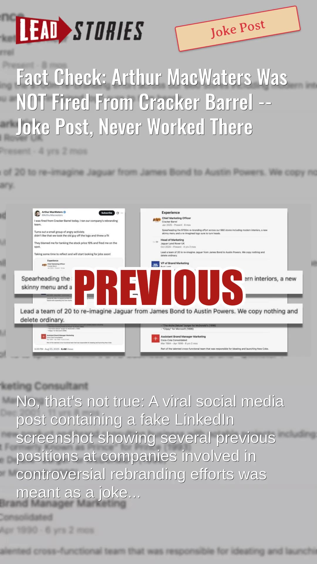 Fact Check: Arthur MacWaters Was NOT Fired From Cracker Barrel -- Joke Post, Never Worked There