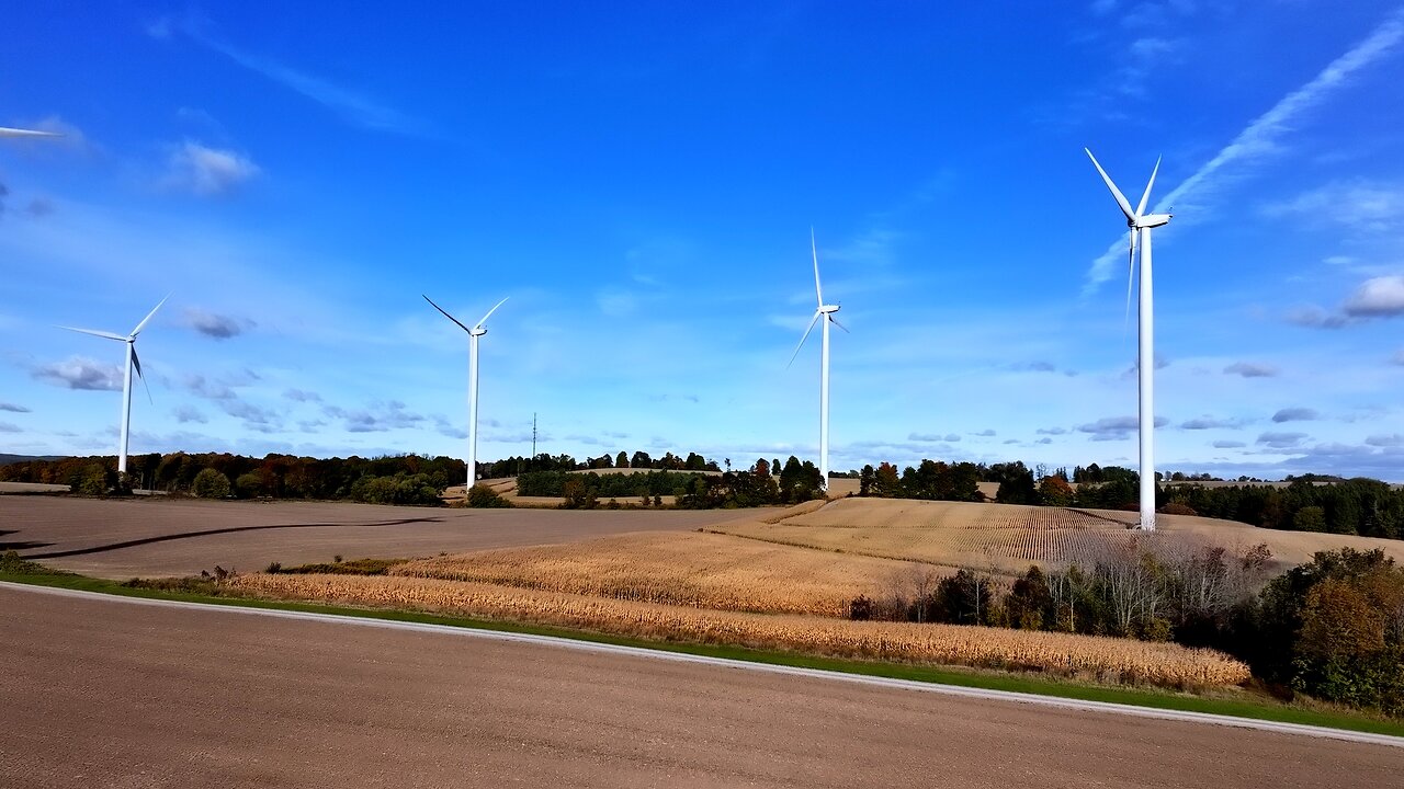 Fly through a windfarm in beautiful Ontario countryside