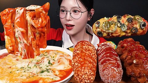 Giant Pepperoni Crunch Corn Dog & Spicy Cheese Tteokbokki Mukbang | ASMR