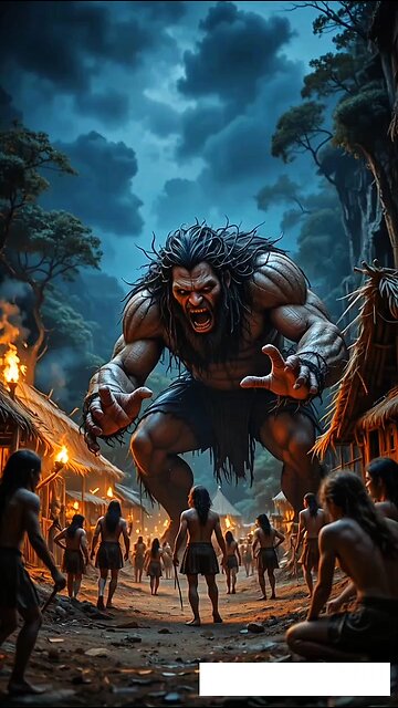 The giant caveman has discovered a human village.