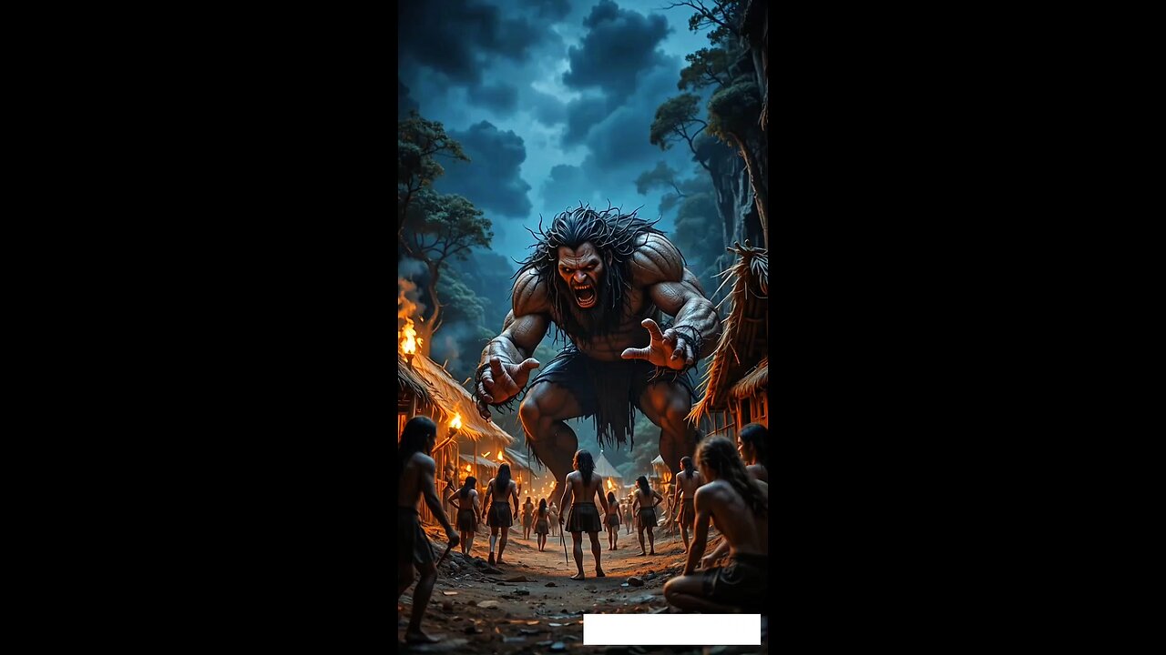 The giant caveman has discovered a human village.