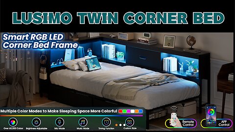 Lusimo Twin Corner Bed w/Bookcase Storage Shelves and Drawers and LED's