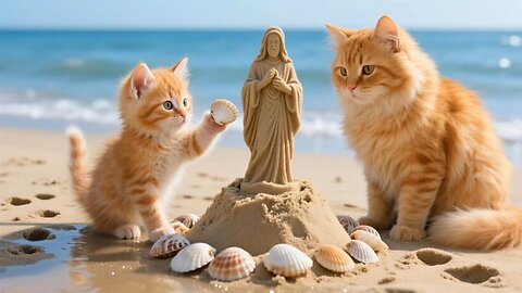 MIRACLE BEACH! Mama Cat & Kittens Build JESUS Statue in Sand 🙏 #HolyCat #BeachMiracle #Cute