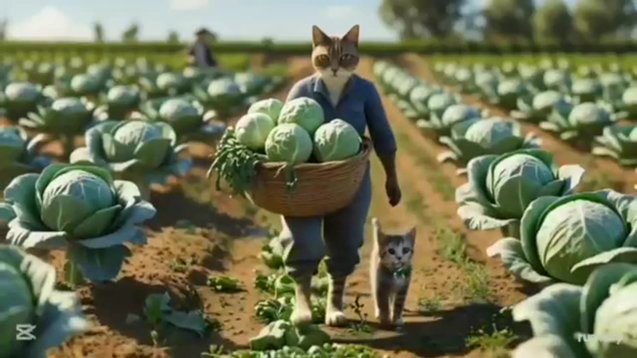 Hardworking Cat Loading Fresh Cabbages into the Truck