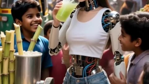 Beauty Humanoid Robot Tries Street Sugarcane for the First Time! #futuretech #robotgirl