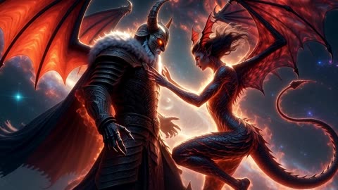 Dragon Queen Seduces the Infernal Warlord Beneath a Burning Sky, AI Video