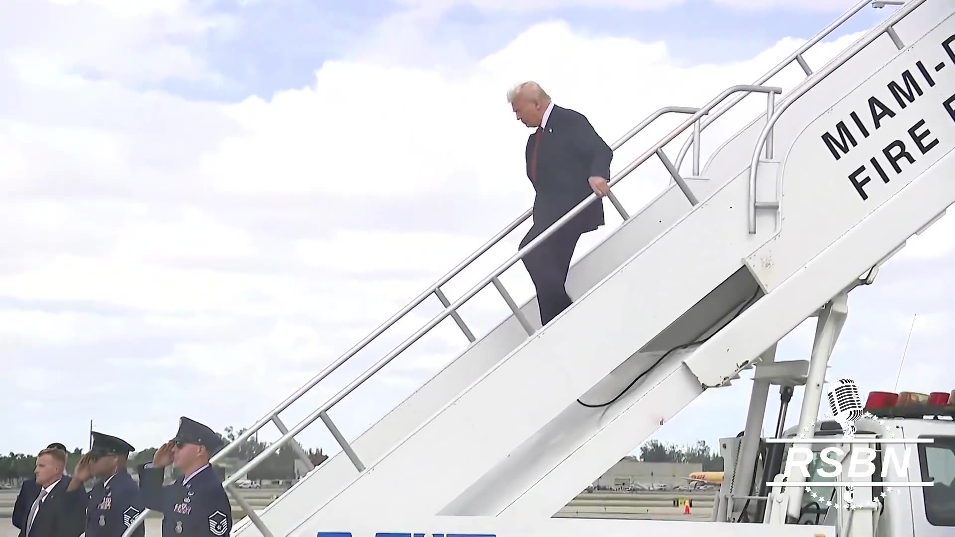 President Trump disembarks AF1 after landing in Miami for American Business Forum remarks