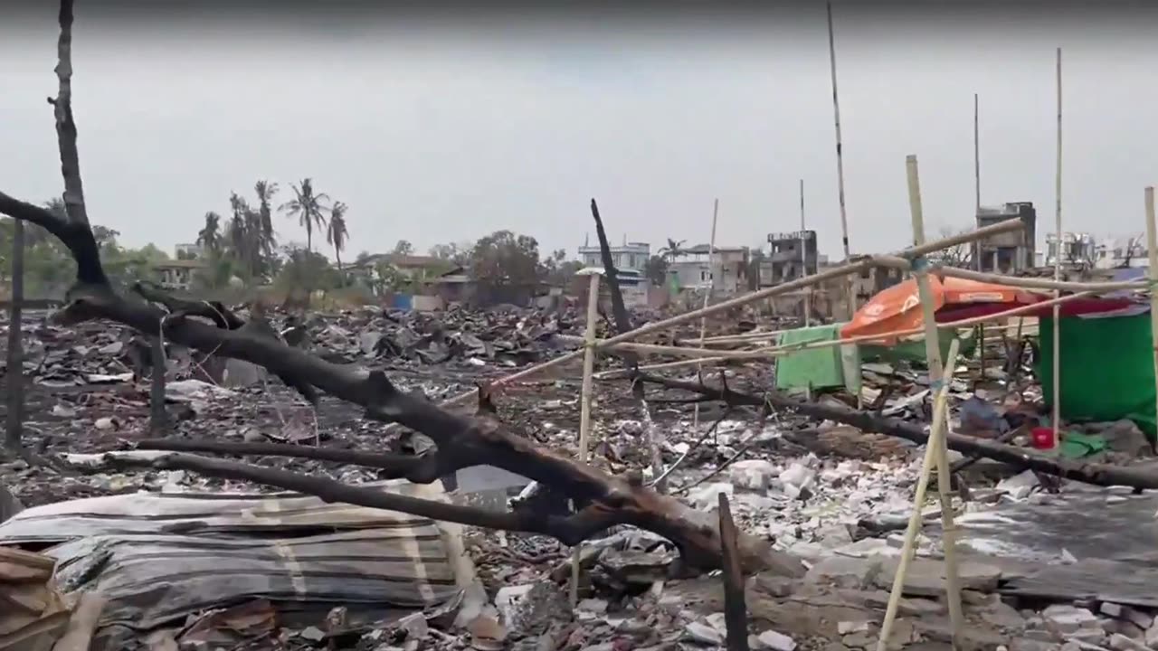 Food line forming in Myanmar after a devastating earthquake