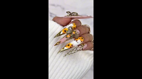 Luxury Long Nails with Big Butterfly & Colorful Yellow Flowers | Elegant Nail Art 2025