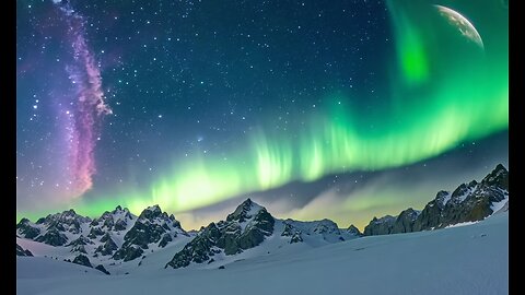 Aurora borealis over a snowy mountain range, magical, high detail