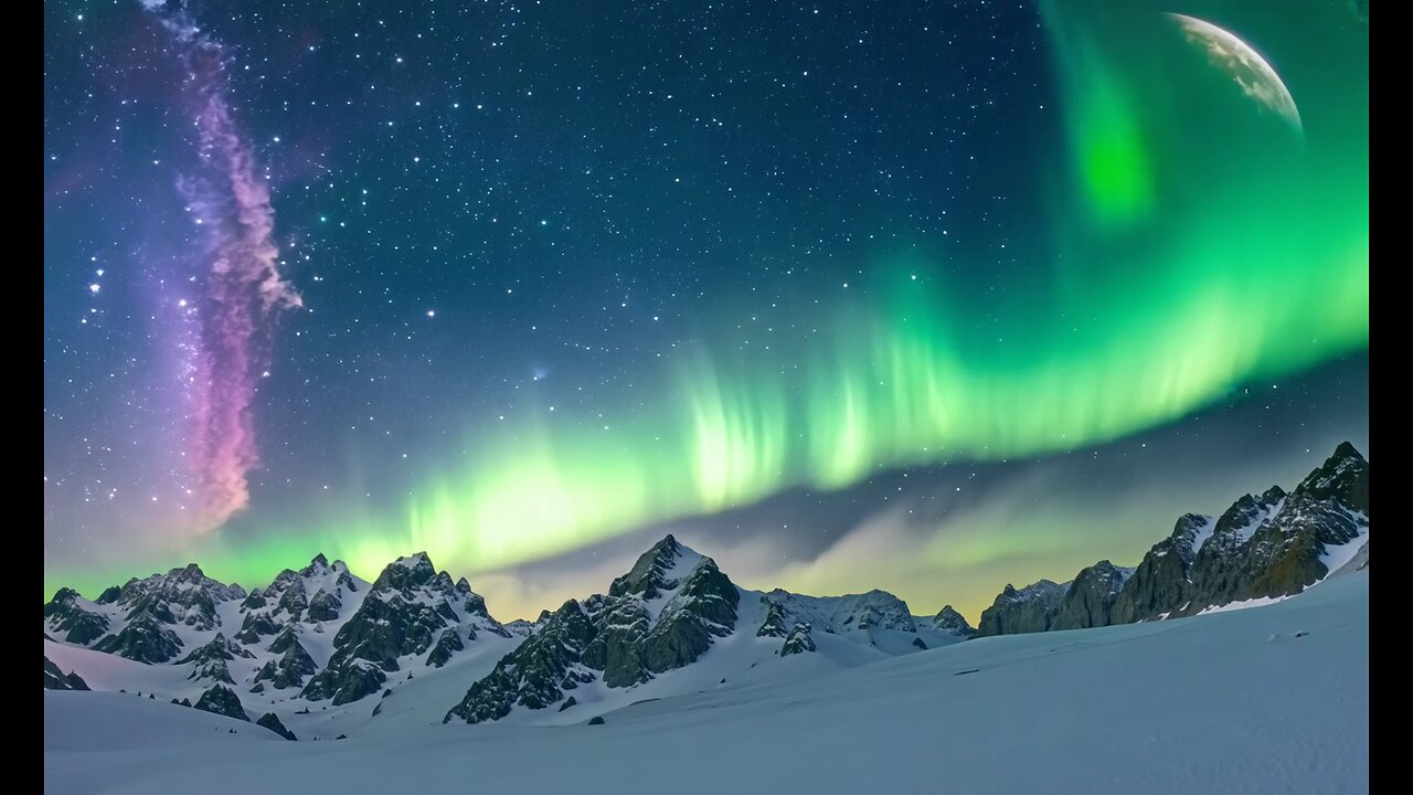 Aurora borealis over a snowy mountain range, magical, high detail