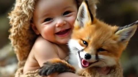 a baby hugging a baby fox and laughing