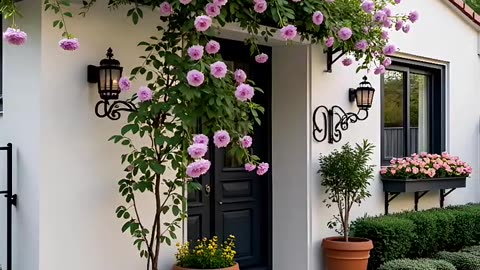 Charming Cottage Entrance with Blooming Roses and Elegant Garden Pathway
