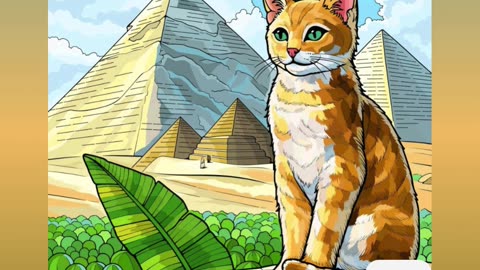 Illustration of an Orange Cat by the Ancient Egyptian Pyramids