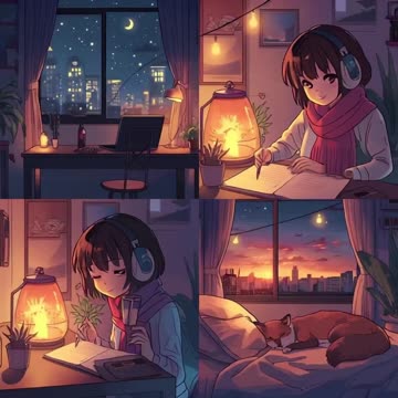 lucid-origin_A_cozy_lofi_anime-style_illustration_divided_into_four_panels._A_young_girl_with-0.mp4