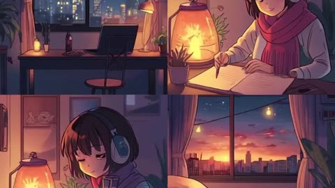 lucid-origin_A_cozy_lofi_anime-style_illustration_divided_into_four_panels._A_young_girl_with-0.mp4