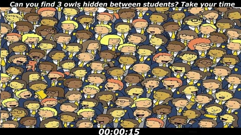 3 owls puzzle: Can you find 3 owls hidden between students? Take your time
