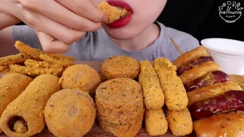ASMR MUKBANG｜CHEESE BALL, CORN DOG, FRIES, CHEESE STICKS, MENBOSHA