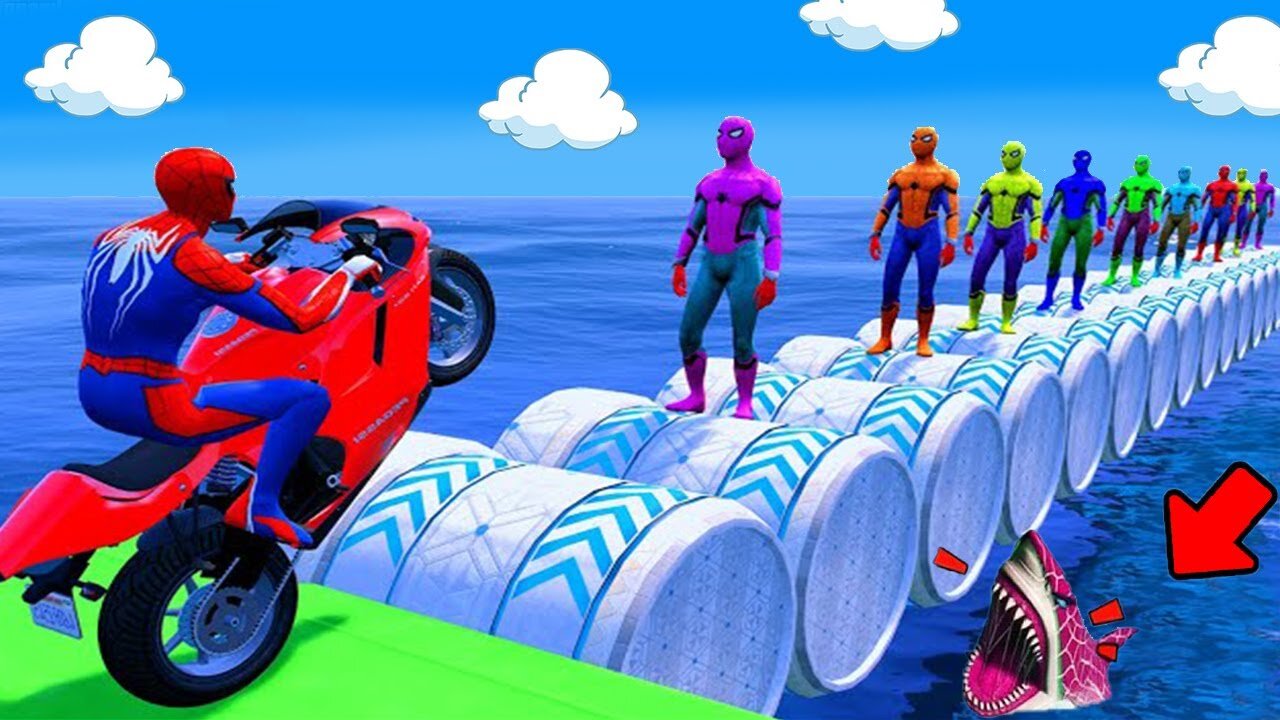 SPIDER MAN!on Motorcycle in Spiral Bridge Stunt