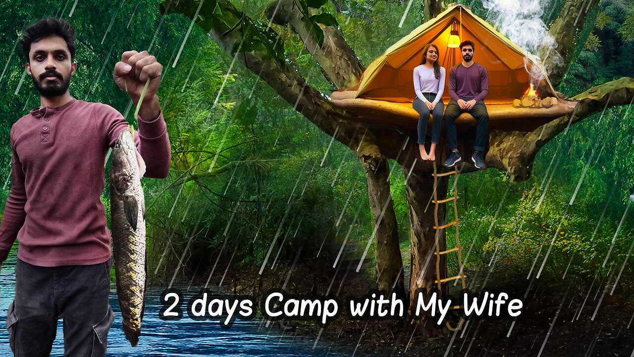 Building a Treehouse and Catch & Cook a Giant Fish by the River 🌧️🍳