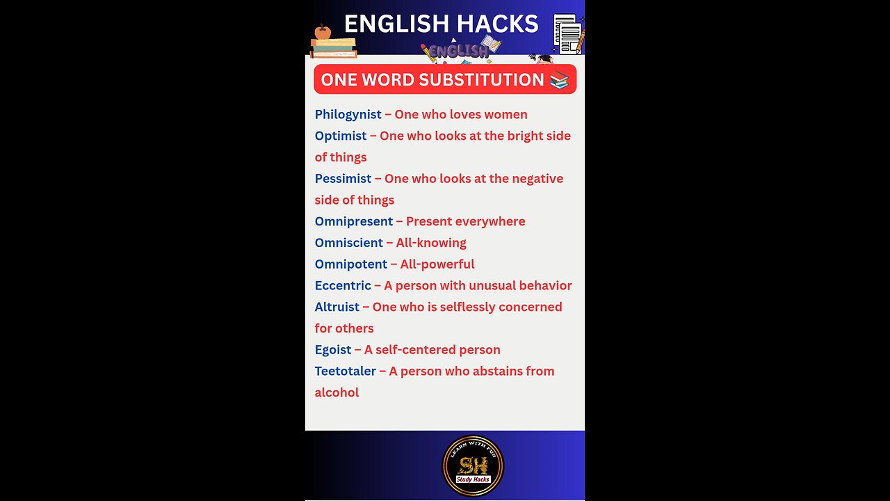 one word substitution । Most important for exam 01 #studyhacks123 #english #vocabulary #shorts