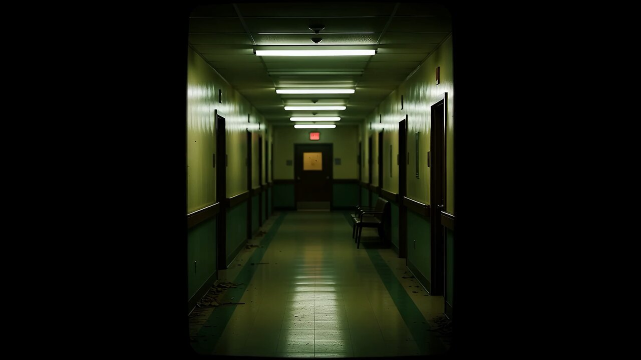 Abandoned hallway with flickering fluorescent lights