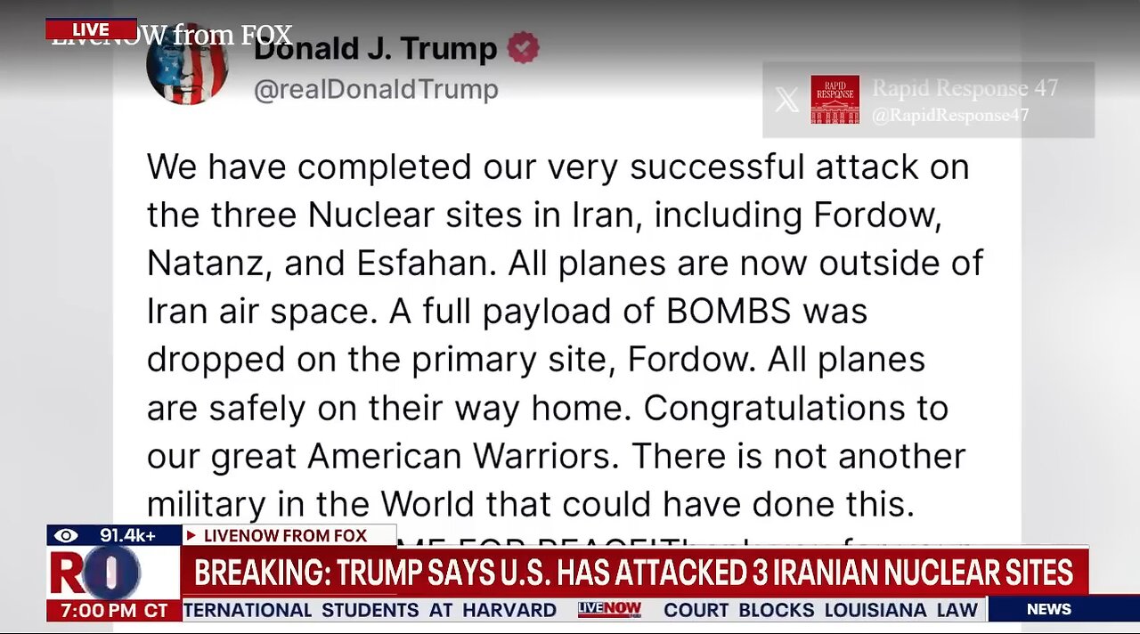 BREAKING: US bombs 3 Iran nuclear sites, President Trump says | LiveNOW from FOX