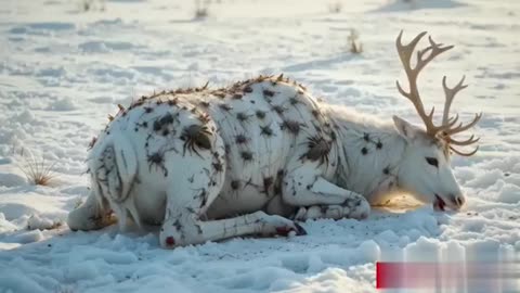 A reindeer was injured by barnacles and parasites, A rescue team successfully rescued the reindeer.